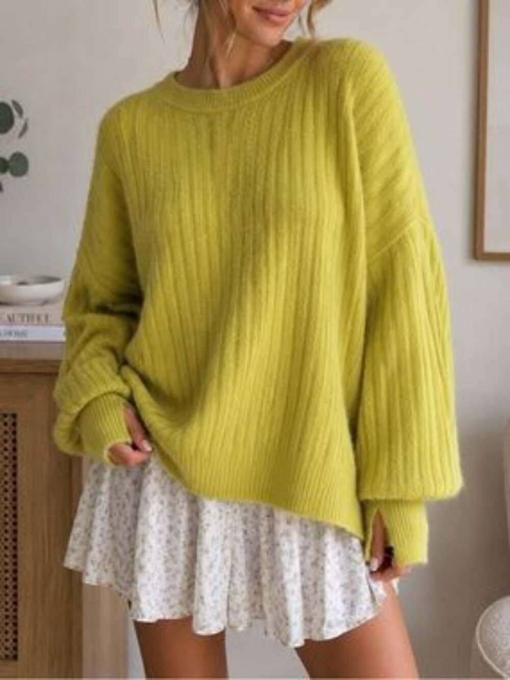 Aerie Women’s Buttercream Ribbed Crewneck Fuzzy Sweater in Chartreuse Size XL